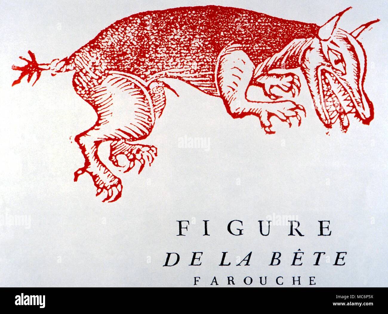 Lupi Mannari La Bestia di Gevaudan. Xilografia illustrazione su un francese broadsheet raffigurante la bestia feroce che terrorizzato la Langogne area di Gevaudan, dal 1764 Foto Stock