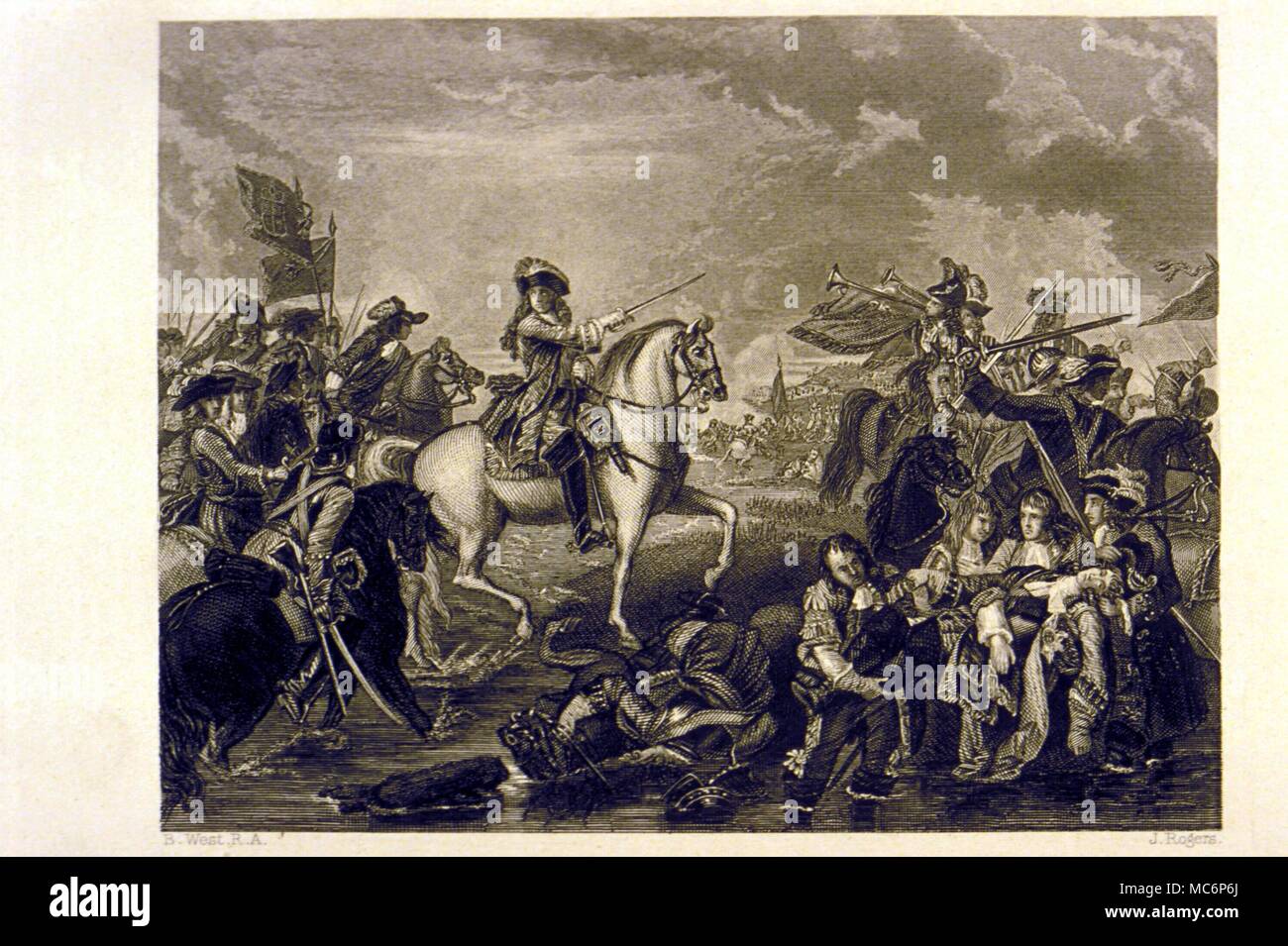 Storia - BRITISH La Battaglia del Boyne. Incisione in acciaio da Rogers, dopo il dipinto di Benjamin West, c. 1855. Foto Stock