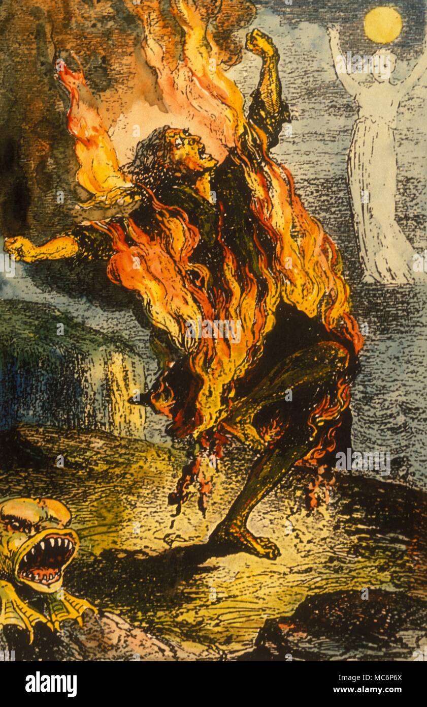 Spontanea combustione umana uomo catturato da scoppio di fiamma dalla terra. Xviii secolo stampa, utilizzato in Fonielle's Eclairs et Tonnerres, 1885 . Foto Stock