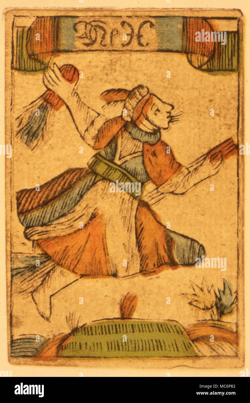Il 'HEX' Strega o carta di una carta da gioco deck per un vecchio gioco Rheinish, "Bird's Play', di circa 1750. Da C. P. Hargrave, "una storia delle carte da gioco", 1930 edn. Cartomanzia carte da gioco la Strega (Hex) da un pacco di carte per un vecchio gioco Rheinish Bird's Play 1750 Foto Stock