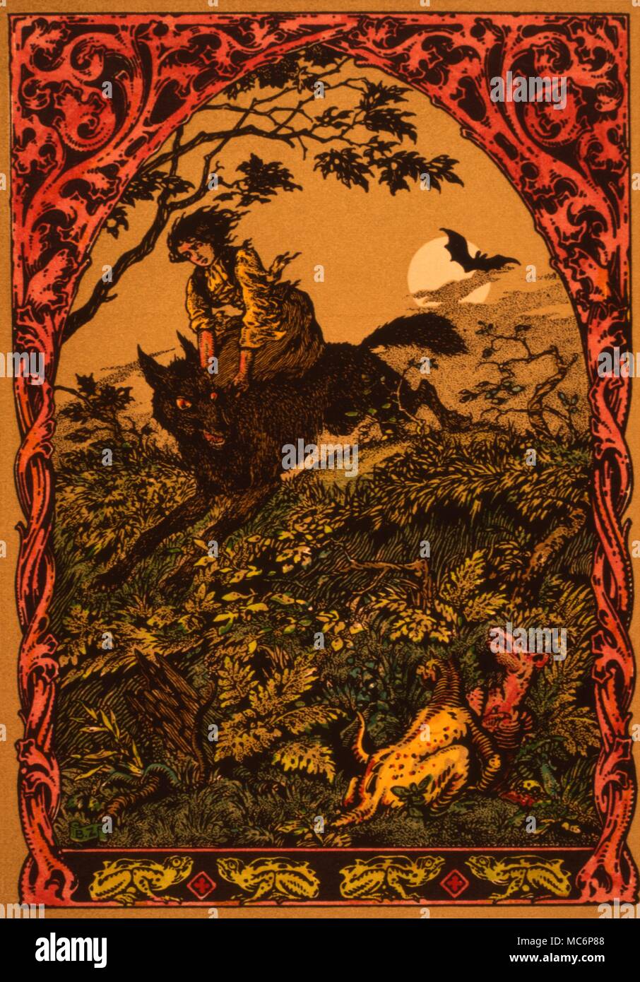 Escursione notturna della strega, Babin, su un cane nero. Design by Bernard Zuber per M. Carron "La Vie esecrabile de Guillemette Babin" [1926] basato su Bodin's 'Demonomanie' 1580. Questa strega è stato bruciato a morte a Poitiers nel 1564. Foto Stock