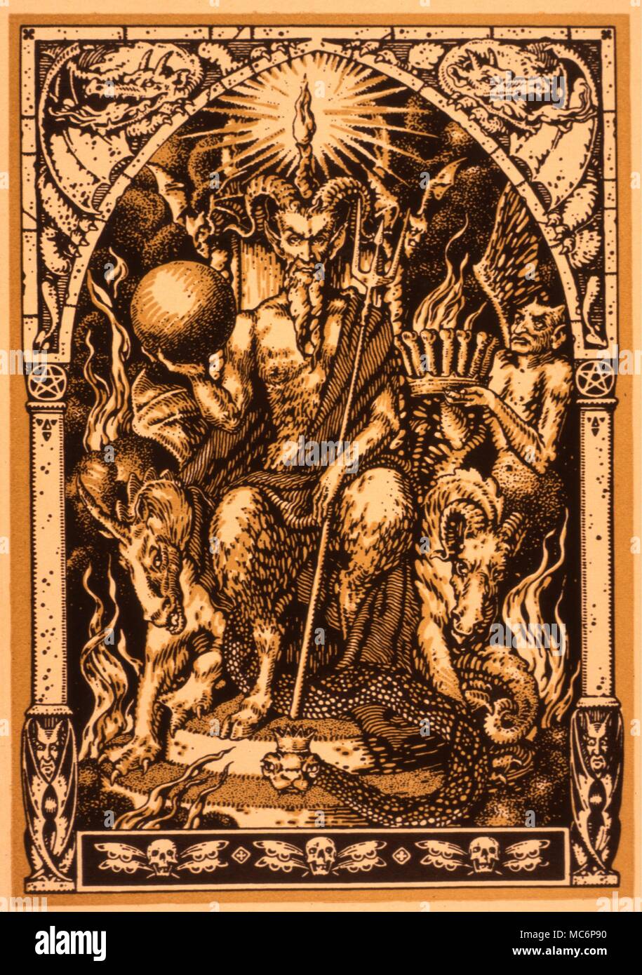 Diavolo nella sua veste di il corno di capra Sabbatic, circondato da simboli di stregoneria, demoni e mostri. Litografia dal 1926 edizione di Carron "La Vie esecrabile de Guillemette Babin.' demoni - LA SUA MAESTÀ satanica la cosiddetta capra Sabbatic, dopo una litografia da Zuber a Carron's La Vie esecrabile de Guillemette Babin... (Per i dettagli vedere p. 82 del camminatore di enciclopedia della conoscenza segreta presiedere i suoi vassalli. Design by Zuber, a M Carron's La Vie esecrabile de Guillemette Babin, Sorciere, 1926. Purtroppo la storia di Guillemette la rovina, sebbene romanticised in questo libro, è t Foto Stock