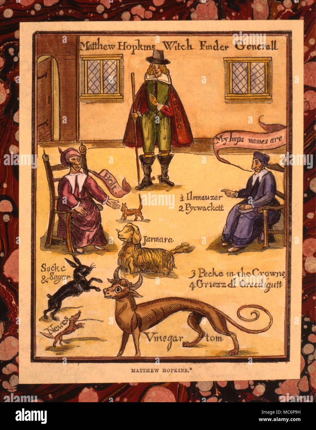 Matthew Hopkins, il Witch-Finder generale, esaminando due streghe, con i loro numerosi famigli o PIM. Xilografia da Caulfield, 'Memoires di notevole persone", 1794. Foto Stock
