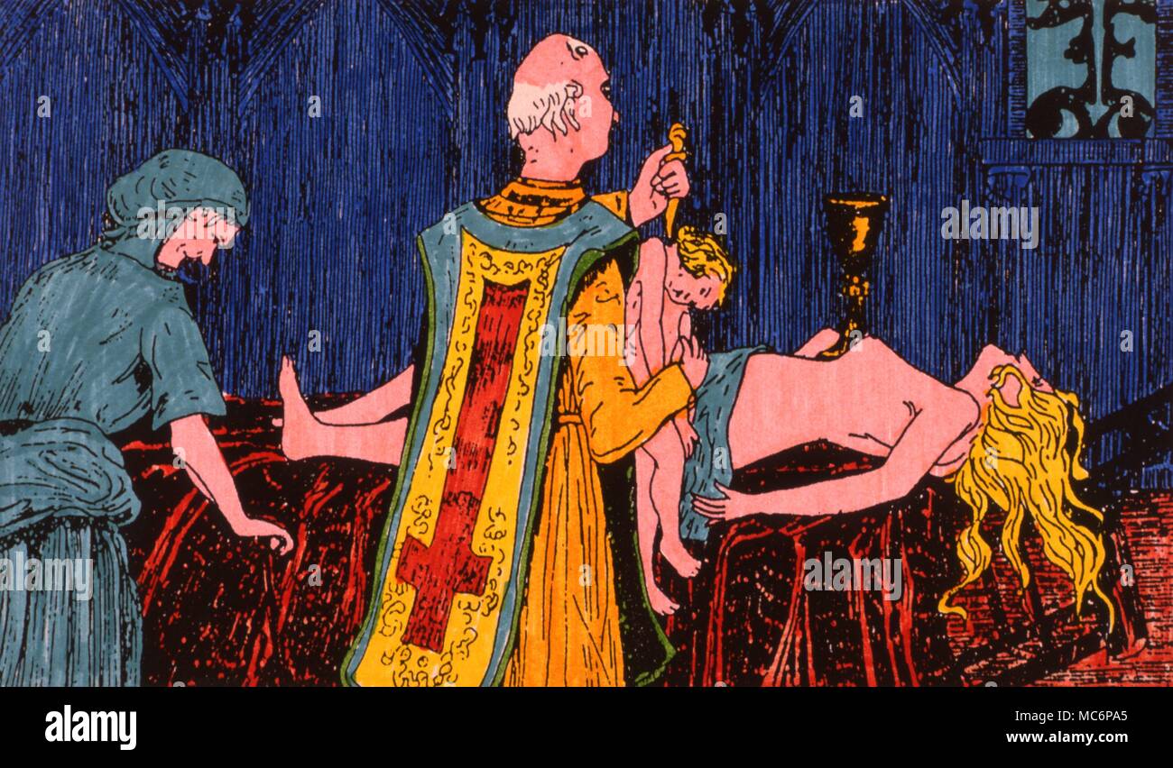 Colorate a mano illustrazione da Jules Bois, 'Le Satanisme et la Magie" [1903], mostrando l'Abbe Guiborg celebrando la Messa per de Montespan. Foto Stock