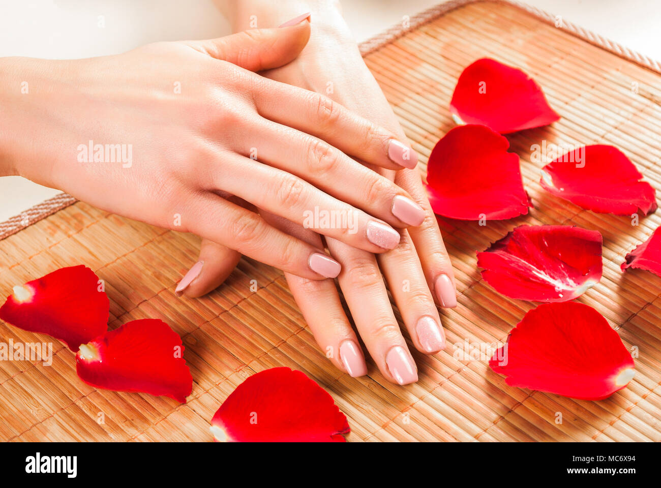 Ragazza giovane con le mani il beige unghie naturali colore sulla scrivania con il rosso dei petali di rosa. Close up, il fuoco selettivo. Foto Stock