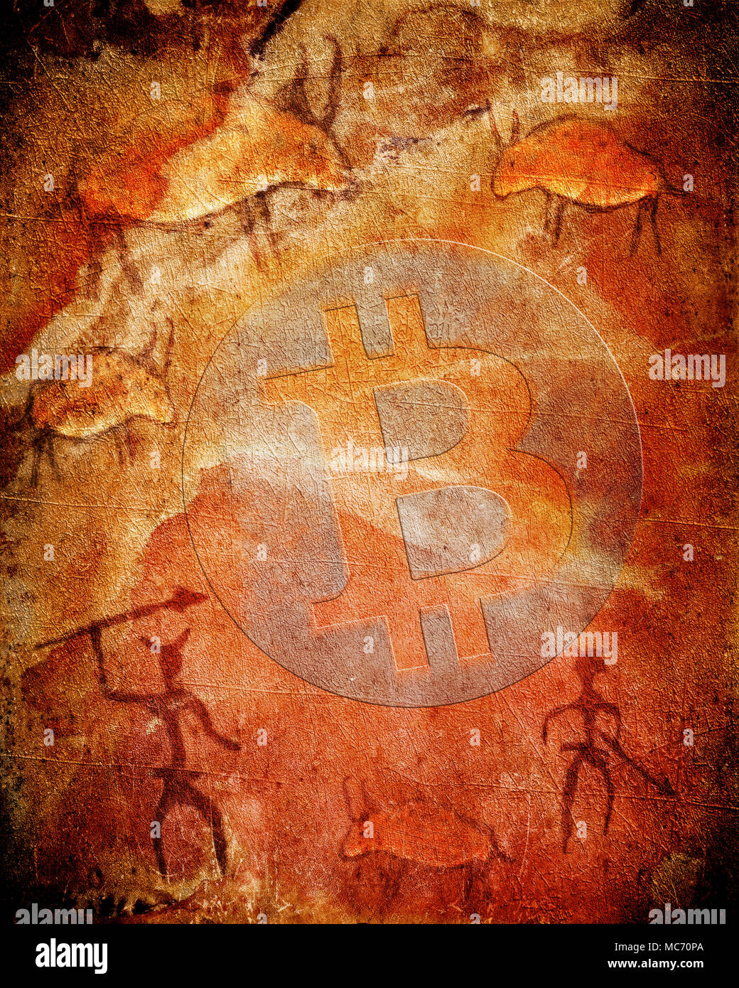 Simbolo bitcoin su sfondo preistorico con animali e cacciatori illustrazione digitale Foto Stock