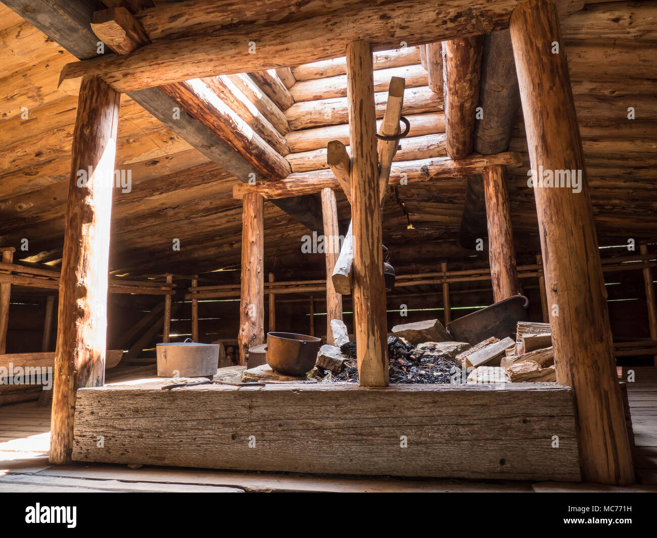 All'interno del Camboose Shanty, Algonquin Logging Museum, Algonquin Provincial Park, Ontario, Canada. Foto Stock