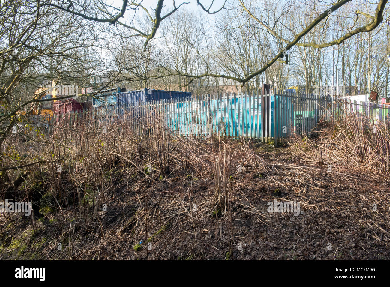 Area di stoccaggio industriale recintata con ringhiere e contenitori in metallo, circondata da alberi senza foglie e sottobosco in una zona rurale durante lo sprin precoce Foto Stock