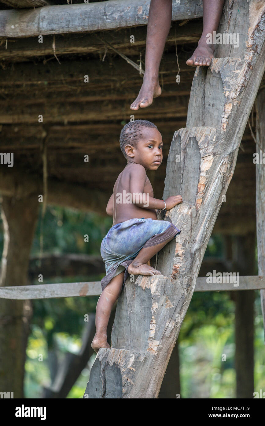 Un piccolo ragazzo scalata di un tradizionale scolpito a mano scala alla sua palafitta, Swagup Village, Superiore Sepik, Papua Nuova Guinea Foto Stock