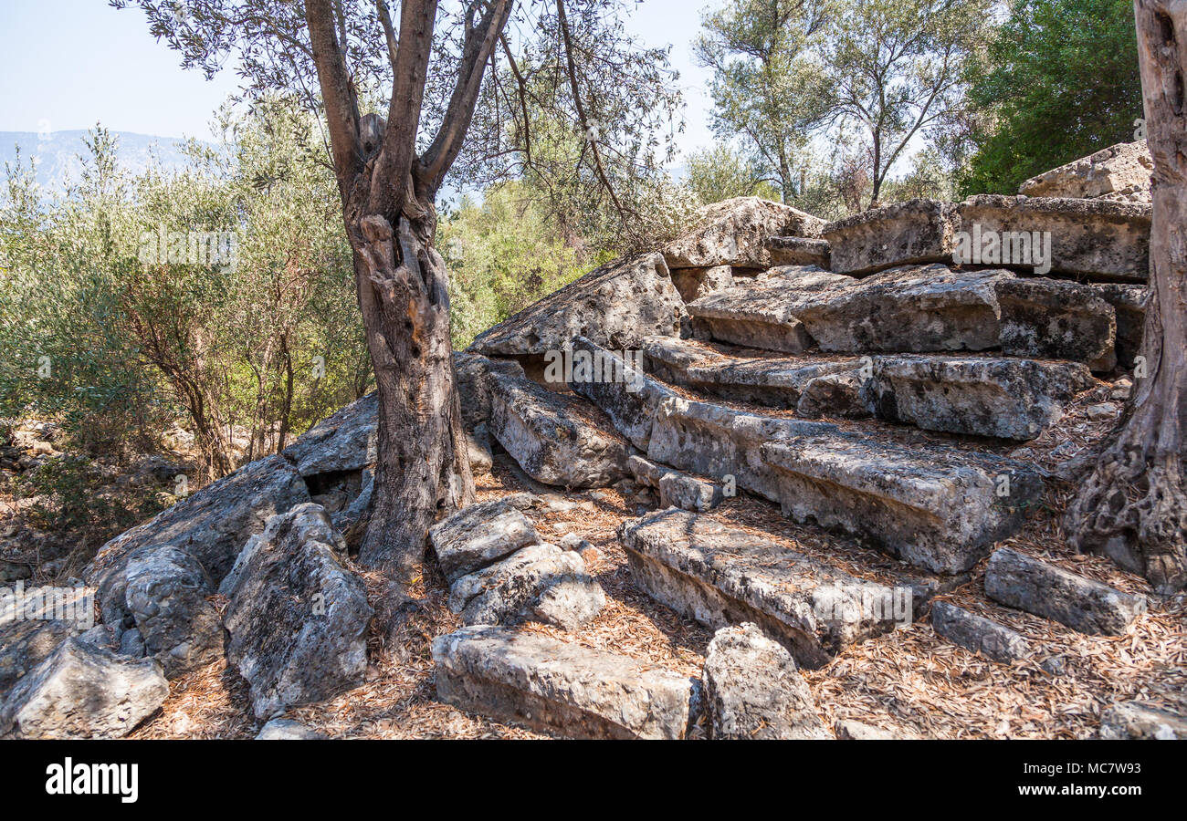 Rovine dell'antico anfiteatro sull'isola Sideyri in Turchia Foto Stock