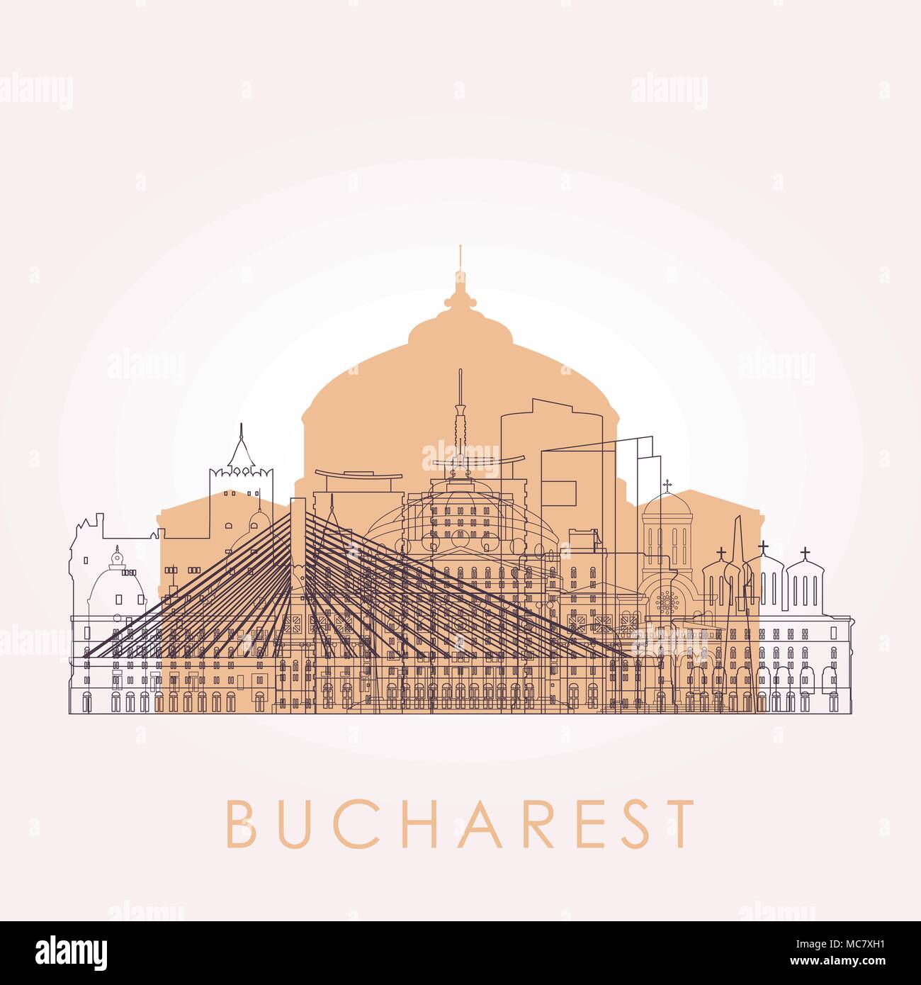 Profilo dello skyline di Bucarest con punti di riferimento. Illustrazione Vettoriale. Viaggi di affari e turismo concetto con edifici storici. Immagine per presentazione, ba Illustrazione Vettoriale