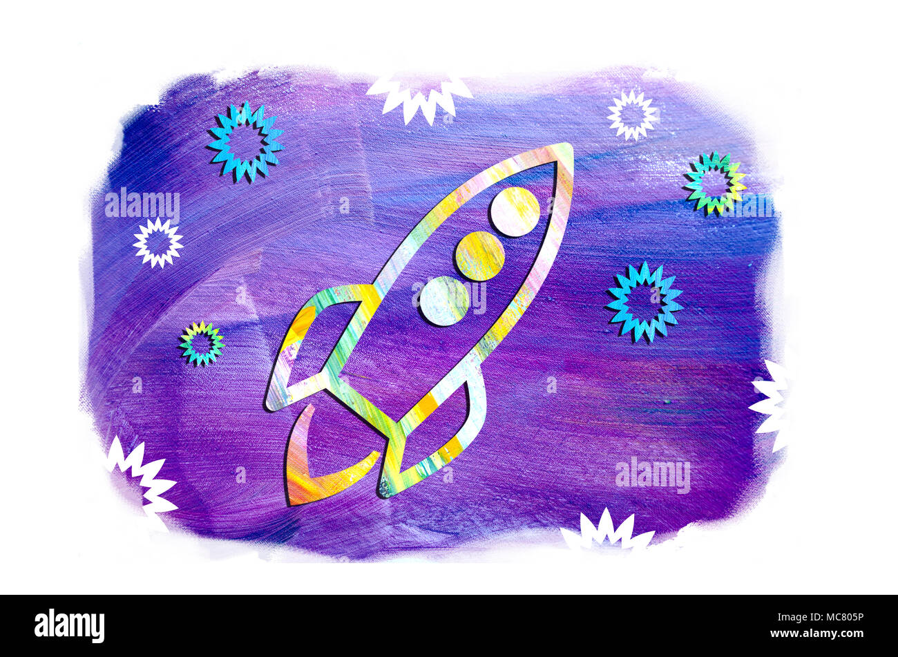 Illustrazione di un razzo nello spazio contro lo sfondo di stelle. Bella astronave volando tra le stelle. Stile Cartoon astronave Foto Stock