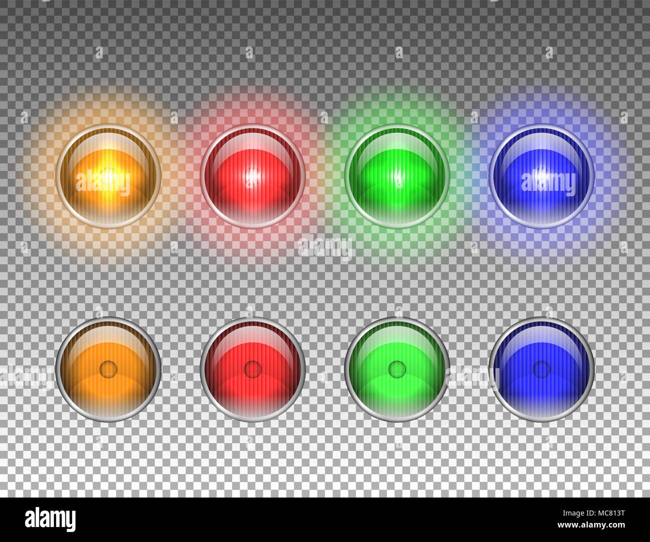 Round dei fari delle automobili con effetto di luce. Lampade incandescenti su sfondo trasparente. Illustrazione Vettoriale