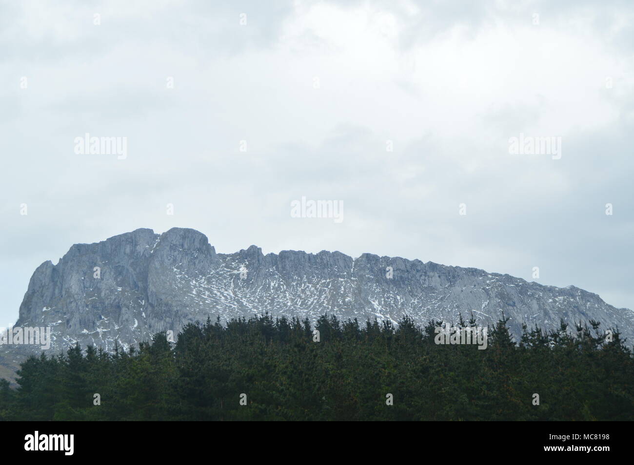 Montagne innevate dell'Gorbeia Parco Nazionale di vedute da Urigoiti attraverso una foresta di abeti. Natura paesaggi di montagna. Marzo 26, 2018. Gorbeia N Foto Stock