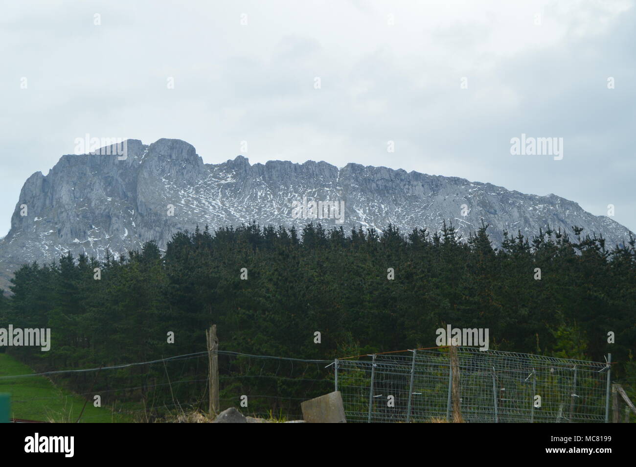 Montagne innevate dell'Gorbeia Parco Nazionale di vedute da Urigoiti attraverso una foresta di abeti. Natura paesaggi di montagna. Marzo 26, 2018. Gorbeia N Foto Stock