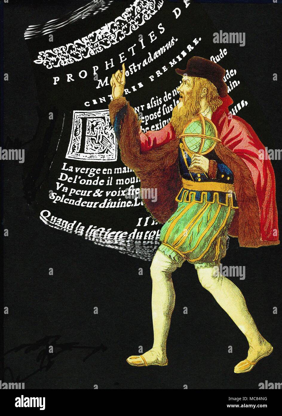 Vartiation sull'Epinal ritratto, con Nostradamus contro un' immagine distorta della prima pagina del suo 'Propheties.". Foto Stock