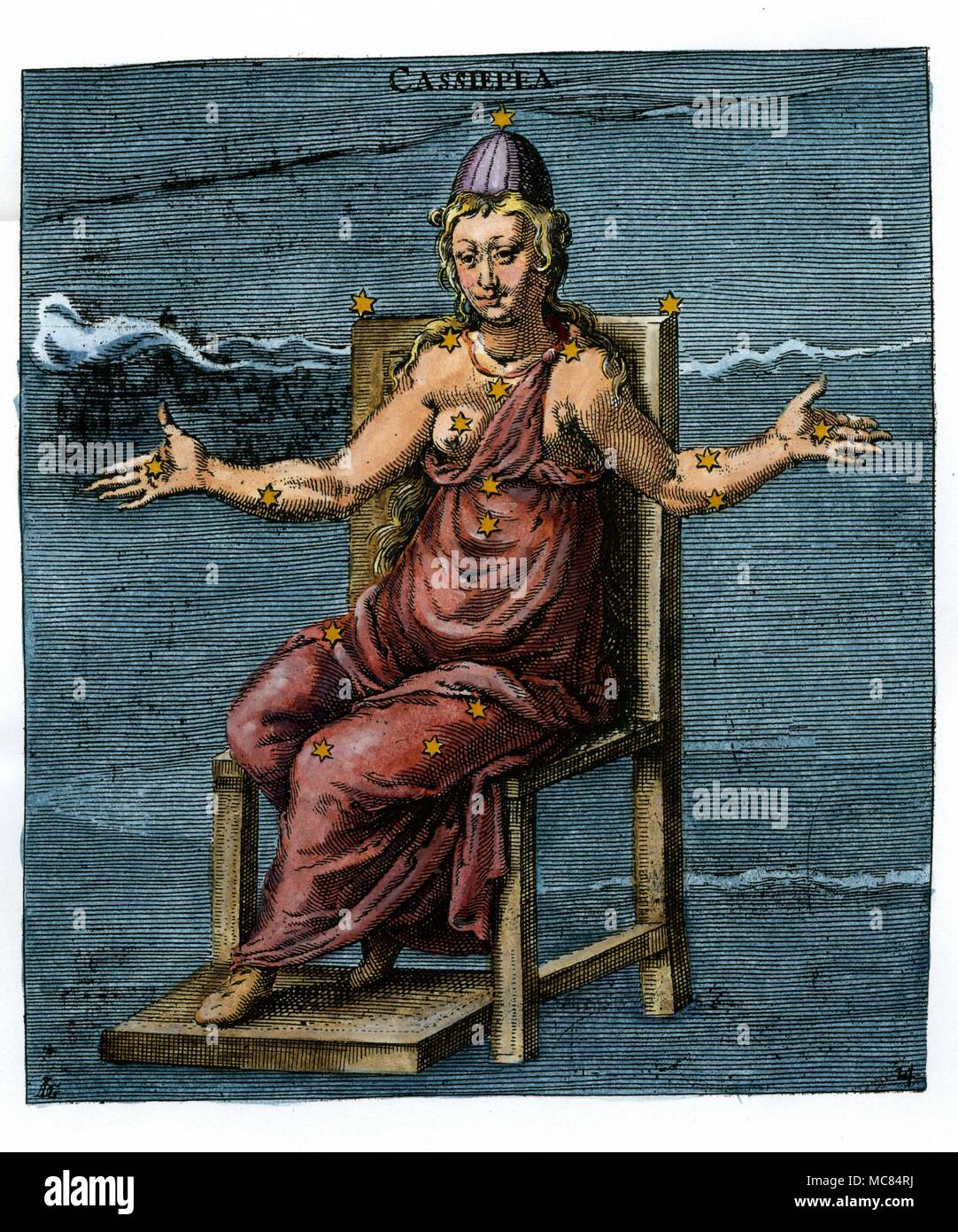 Cassiopeia, chi era [in greco legenda] la madre di Andromeda e moglie di  Cefeo. Xvii secolo colorate a mano l'incisione sulla base del nono secolo  arato illustrazioni di Leiden. Arato è nato