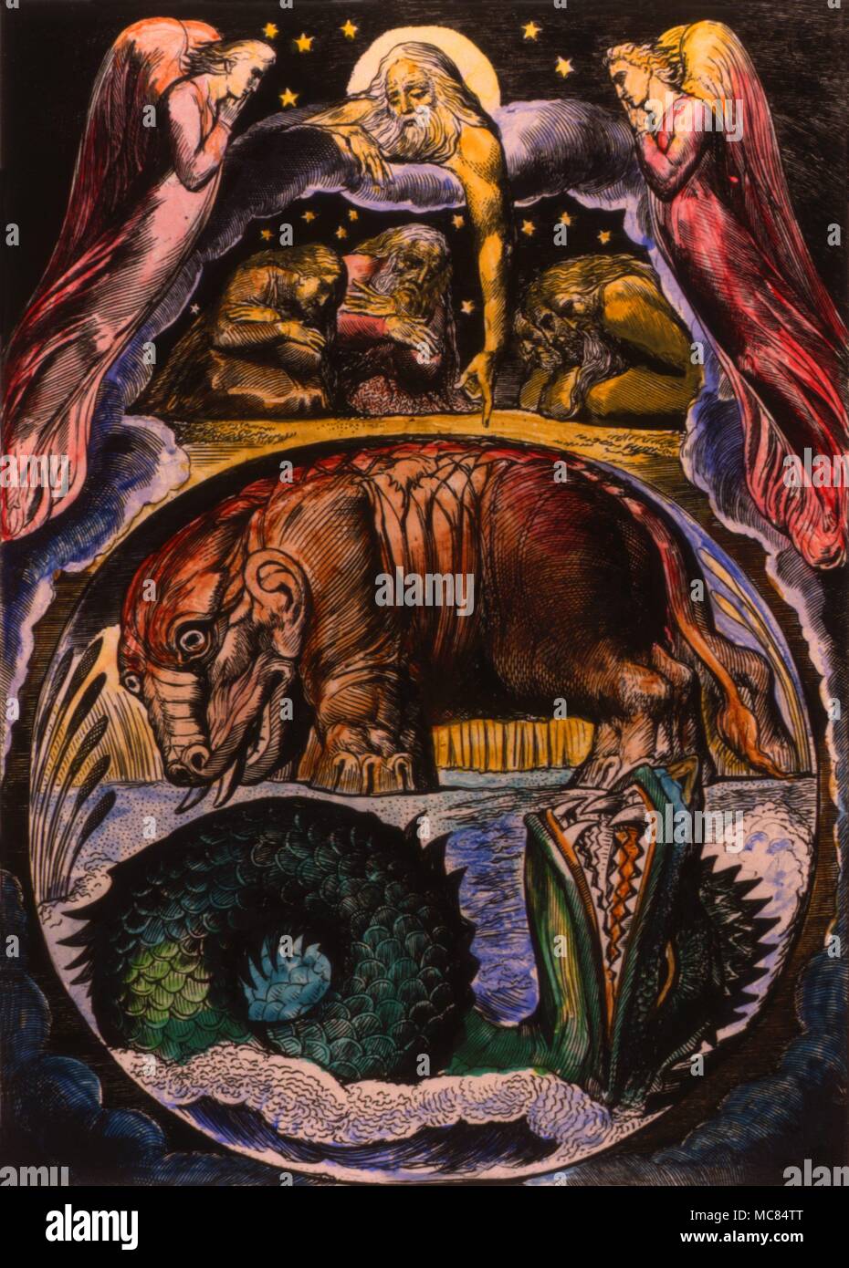 Il demone-forme di Behemoth e Leviathan come visualizzata da William Blake nel suo 'illustrazione per il libro di Giobbe", 1825. Ippopotamo-come mostro è Behemoth. Foto Stock