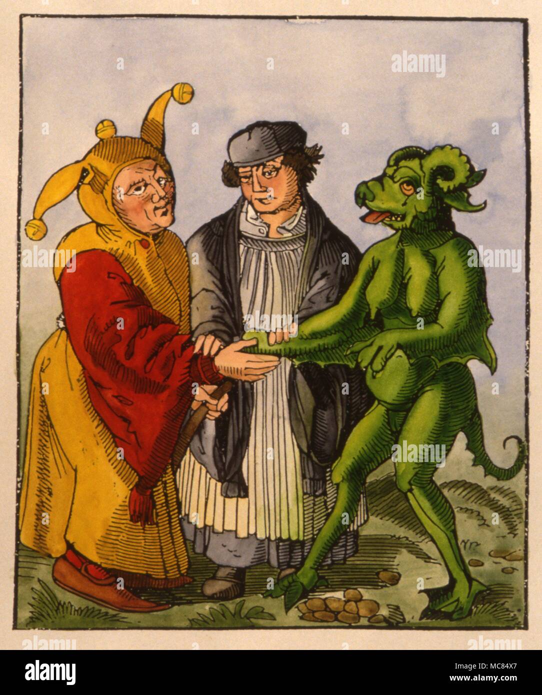 Stampa di circa 1500, raffiguranti in termini satirico l unione di Churchman, Devil e sciocco. La stampa è anonimo, ma è talvolta collegato con Dürer. Foto Stock