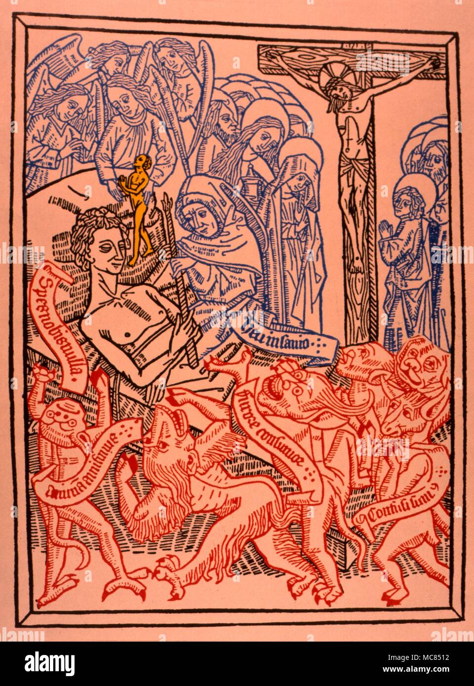 I Demoni e gli angeli si sono riuniti intorno al letto di un uomo morente in preparazione per la lotta per la sua anima. Da un tedesco 'Ars Morendi' o 'l'Arte di Morire [e].', crica 1480. Foto Stock