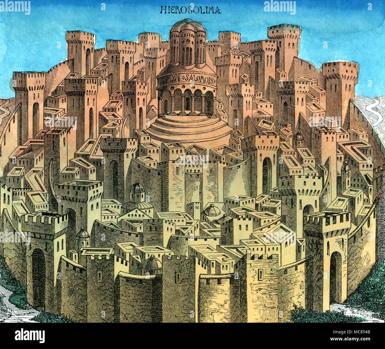 Gerusalemme e il Tempio di Salomone xilografia raffigurante Gerusalemme con il tempio di Salomone, dal Liber Chronicarum mundi (1493) Foto Stock