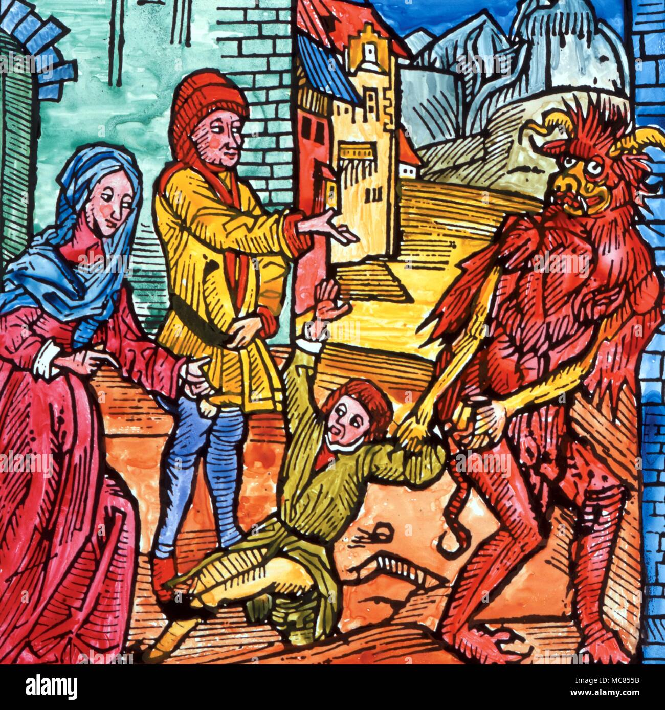 Vendita demoniaca immagine medievale (originale la xilografia da Dürer) mostrando i genitori vendono il loro figlio al diavolo. Originariamente, inizi del XVI secolo. Foto Stock