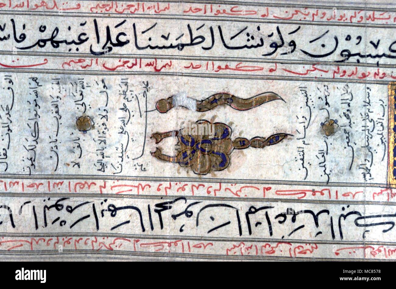 Amuleti magico simbolo su un Arabo scorrere che è una ricetta utilizzata come un erogatore di magici amuleti e amuleti contro il male. Egiziano del XIV secolo. Dar al Athar al Islamiyyah, Kuwait Foto Stock
