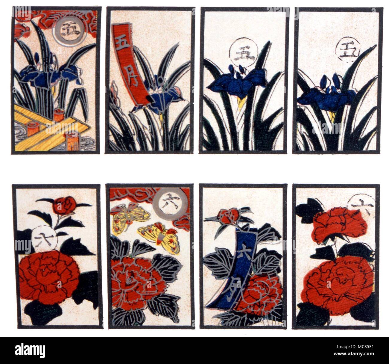Cartomanzia. Giapponese carte da gioco, ciascuno dei quali rappresenta una settimana dell'anno. Serie di carte litografiche legati alla tradizione dei Tarocchi, da J,K, van Rensselaer "Devil's Foto Libri' 1892. Foto Stock