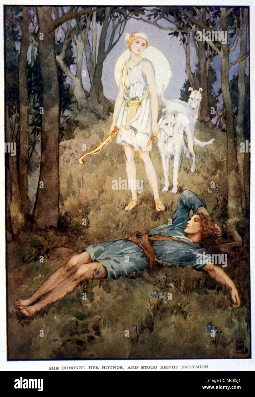 La mitologia greca. La dea Luna, Diana, cadere in amore con il pastore a pelo, Endimione. Illustrazione da Helen Stratton, 1915, per "un libro di miti" Foto Stock