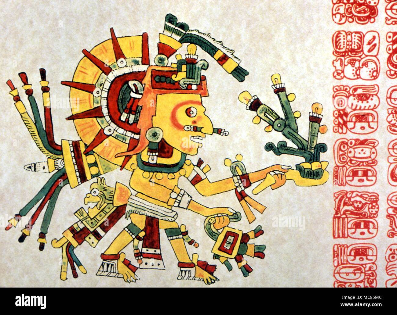 Calendari - (AZTECA), il dio del Sole (Tonatiuh) dei Maya sistema astrologico, con calendric glifi. Artwork (figura) dopo il Codex Cospi, (glifi) da Copan, come registrato da Zimmermann Foto Stock