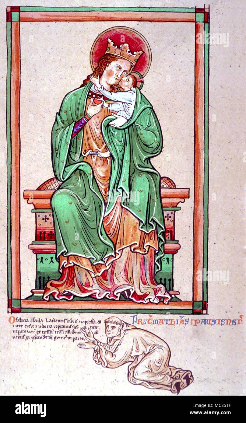 Christian vergine Maria e il bambino. Riproduzione litografica (XIX secolo) del disegno da Matteo Parigi (che si inginocchia ai piedi della Vergine). Dalla British Library manoscritto. Royal 14, c. VII Foto Stock