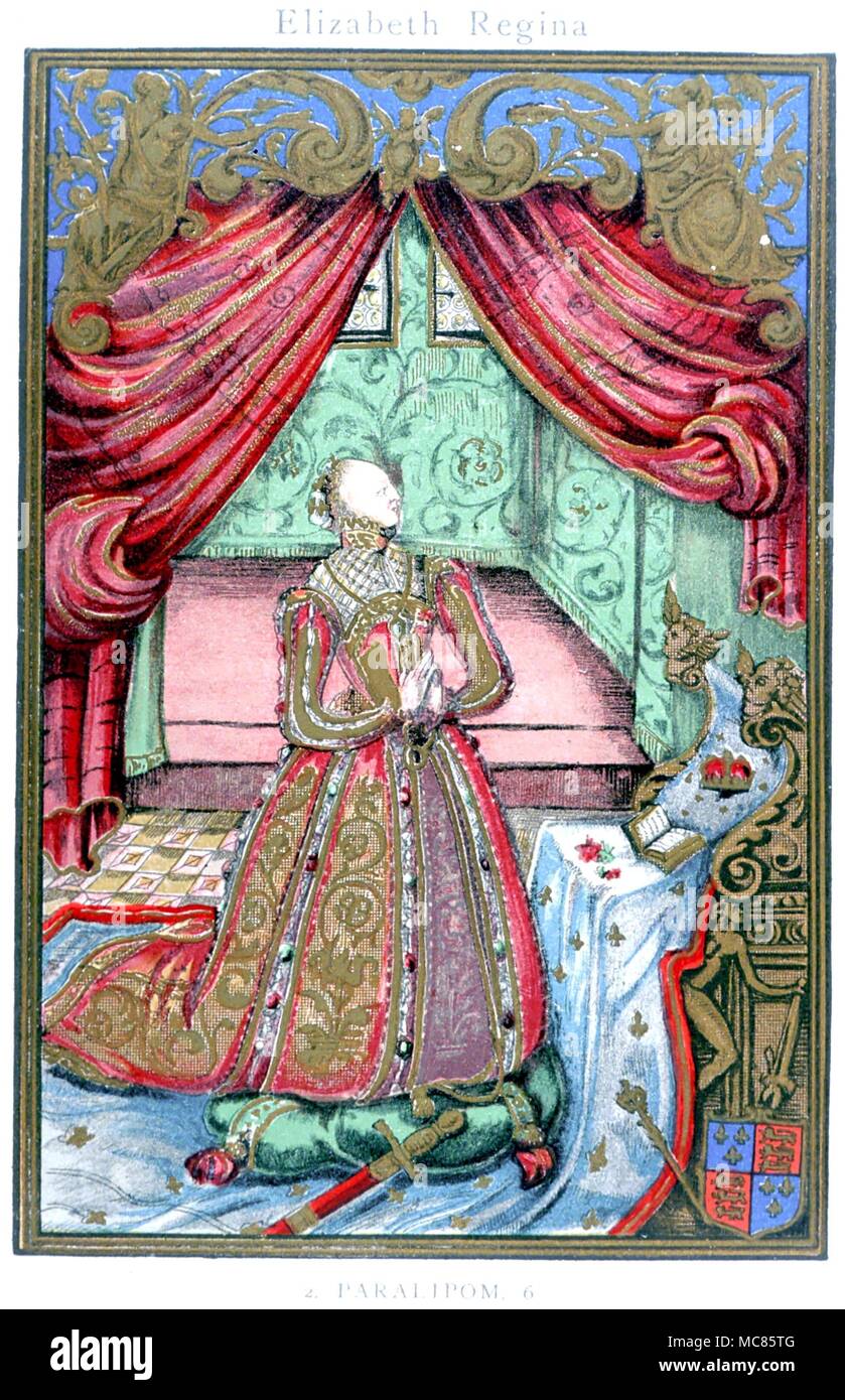 Christian Queen Elizabeth I in preghiera. Xix secolo litografia del frontespizio presso la preghiera cristiana, 1569 Foto Stock