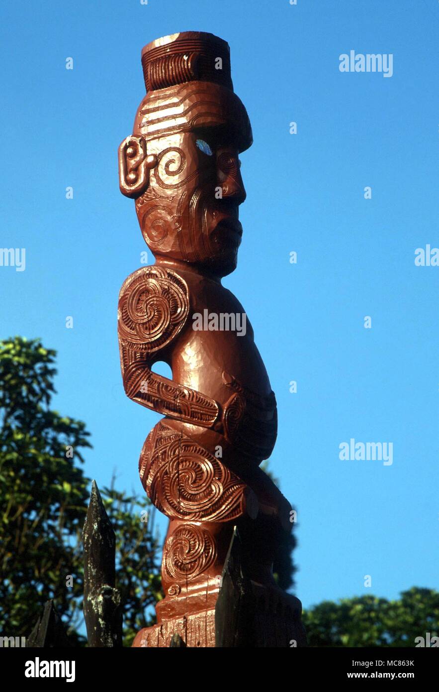 Un MAORI Tekoteko tradizionale (figura scolpita) raffigurante un guerriero sulla palizzata a Whakarewarewa, Rotorua Foto Stock