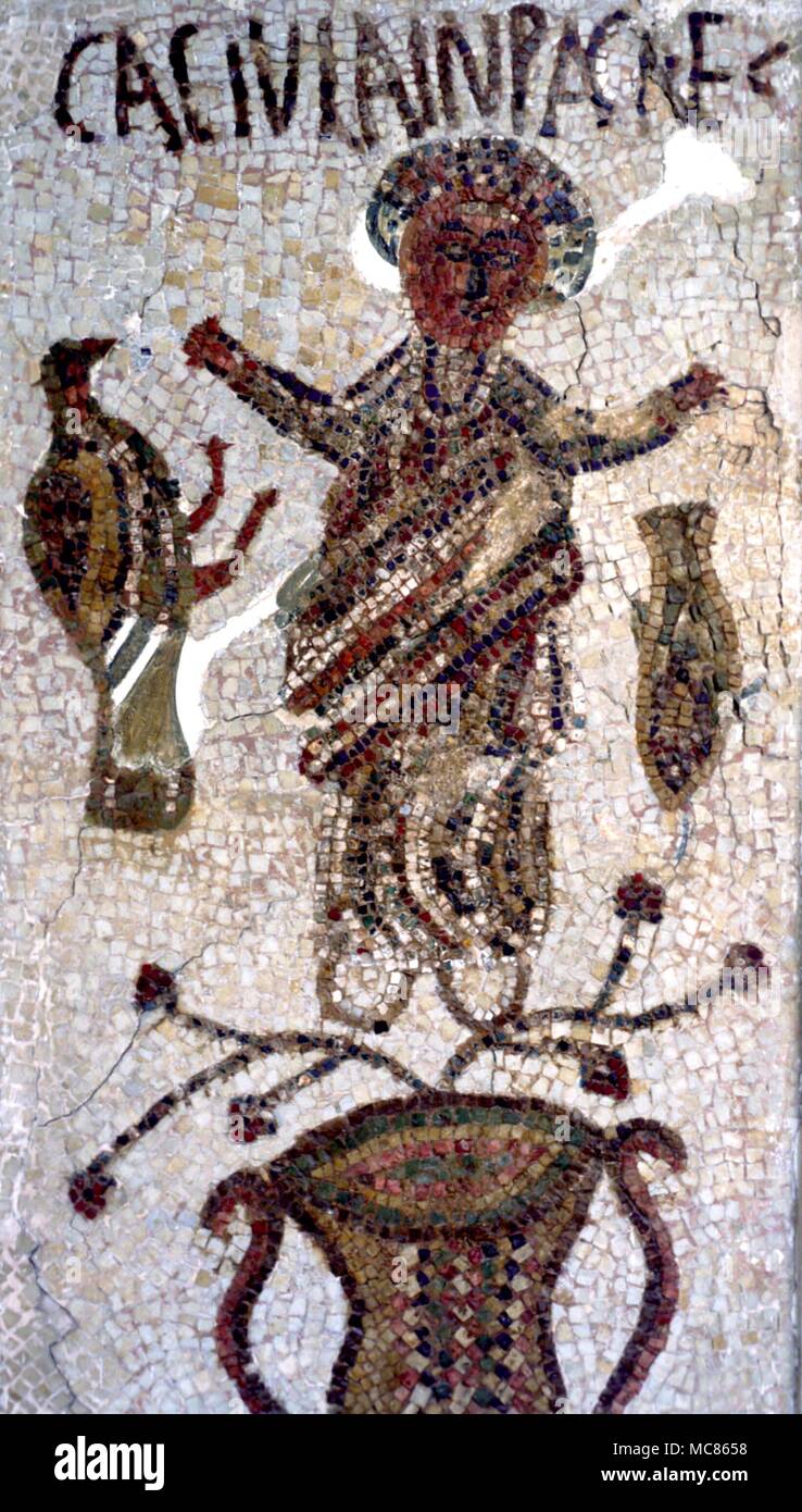 CHRISTIAN - 'Orans' gesto la cosiddetta 'preghiera' gesto nell'arte paleocristiana è derivato dall'Egiziano pentagrammic star. Mosaico dalle catacombe a Sousse, Tunisia Foto Stock