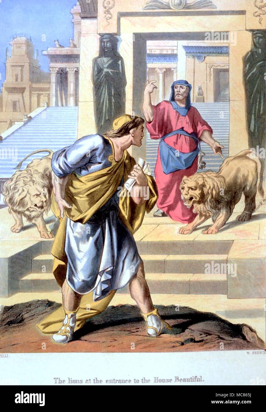 CHRISTIAN - Pilgrim's Progress Lions all'ingresso della casa bella. Illustrazione litografica da Orazio Castelli per l'edizione 1860 di John Bunyan's "Pilgrim's Progress, e altre opere' Foto Stock