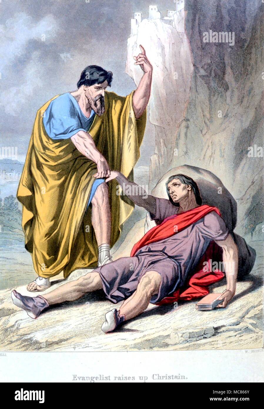 CHRISTIAN Pilgrim's Progress Evangelista si solleva cristiano. Illustrazione litografica da Orazio Castelli per rodano 1860 edizione di John Bunyan's "Pilgrim's Progress, e altre opere' Foto Stock