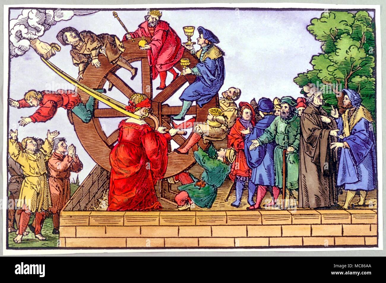 Ruota della Fortuna del XVI secolo (colorate a mano) la xilografia di Georg Pencz mostra gli occhi bendati Fortuna girando la ruota su cui gli uomini luogo a grandezza e quindi cadere. Fortuna è nel controllo delle potenze celesti Foto Stock