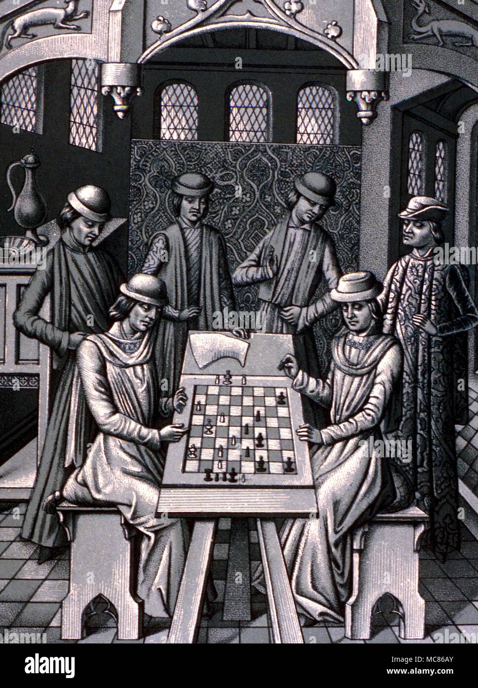 Giochi gioco di scacchi. Chromolithograph dopo una miniatura di "Le tre età dell'uomo". Fine del XV secolo. Dopo il 1876 edizione di Lacroix, 'Manners, costumi e abiti del Medioevo" Foto Stock