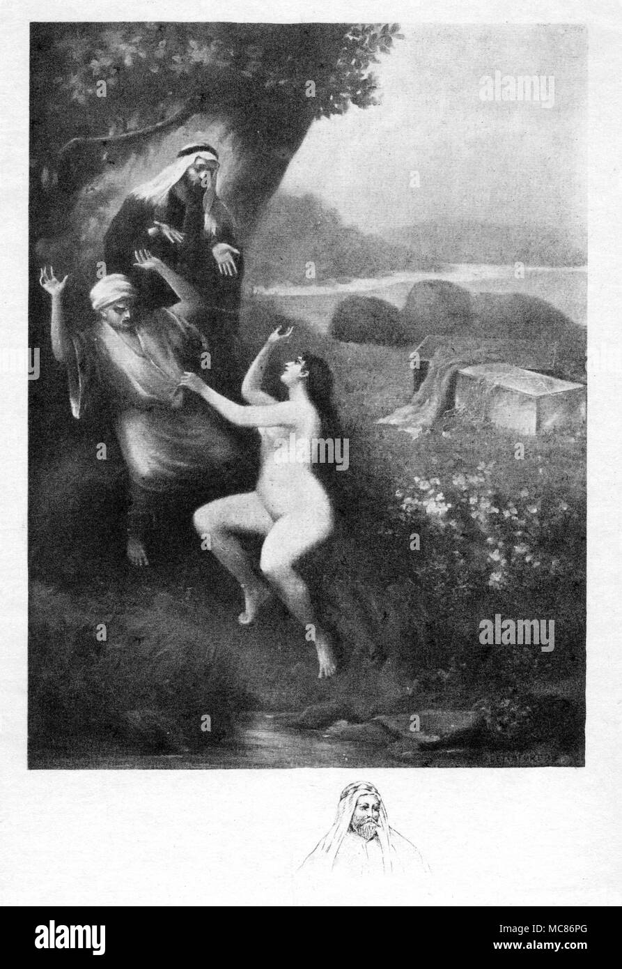 Le favole - LA DONNA DALLA SCATOLA la signora che è emersa dalla casella portati dai genii insiste sul fatto che il re Shahzeman e suo fratello re Shehriyar dovrebbe dormire con lei. In lunghezza, sono entrambi conformi. Incisione da John Payne traduzione di lingua araba del libro delle notti di Mille e Una Notte, 1901, Vol. 1, relativa al racconto di Re Shehriyar e suo fratello. Foto Stock