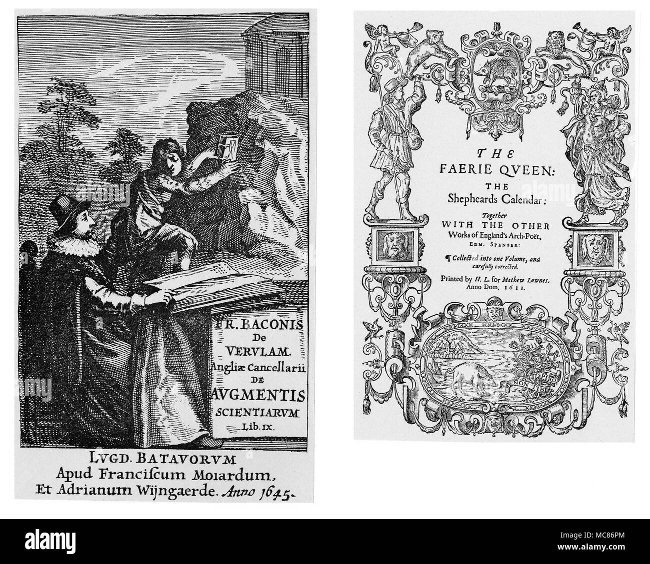 SHAKESPEARE - la pancetta affumicata-SHAKESPEARE discussione materiale illustrativo della controversia Shakespeare-Bacon. [Sinistra]: titlepage di Francis Bacon, De Augmentis Scientiarum, Libro 9, 1645. [Destra] Titlepage di spenser è la Faerie Queen: Il Shepheards CalendarÃ. 1611. Per ulteriori informazioni, vedere 'hakespeare e pancetta: possono essere riconciliato? Relazione di un dibattito (gennaio 1900) tra Appleton Morgan e Isaac Hall Platt'', nel nuovo Shakespeareana, Vol. II, No. 2-3 April-Jul 1903, pagg. 49ss. ' Foto Stock