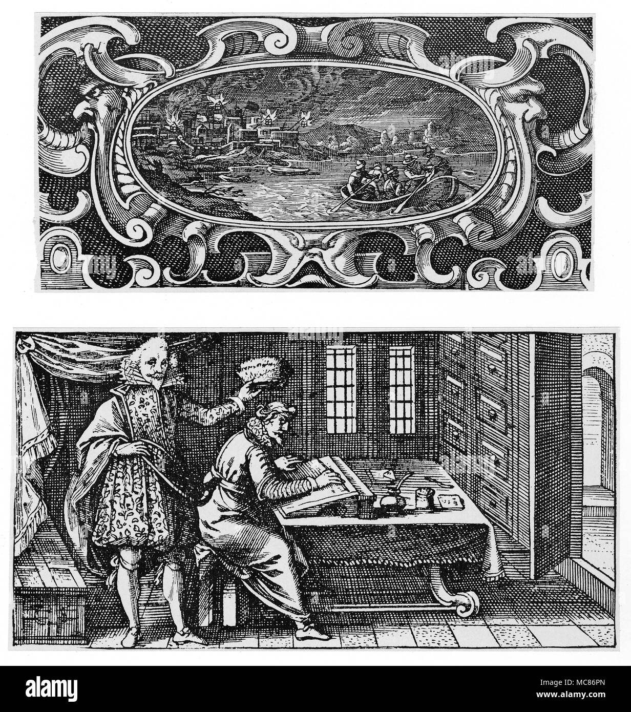 SHAKESPEARE - la pancetta affumicata-SHAKESPEARE discussione materiale illustrativo della controversia Shakespeare-Bacon. Dettagli di pannelli sulla titlepage di Gustavo Selenus, Cryptomenytices et Cryptographiae, 1624. [Top] dettaglio del pannello superiore dal titlepage e [BOTTOM], dettaglio del pannello di fondo dal titlepage. Per ulteriori informazioni, vedere 'hakespeare e pancetta: possono essere riconciliato? Relazione di un dibattito (gennaio 1900) tra Appleton Morgan e Isaac Hall Platt'', nel nuovo Shakespeareana, vol II, n. 2-3 April-Jul 1903, pagg. ' Foto Stock