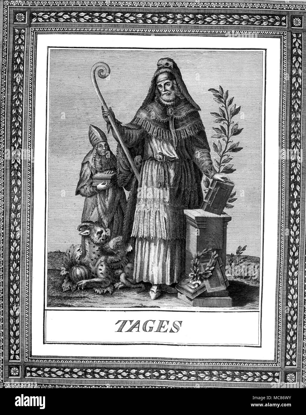 Previsioni e profezia Tages. L'Etrusco/inizio di divinità romane, Tages,che ha incaricato i primi romani nell'arte di divinatin. Dall'edizione 1972 di Jacopo Guarana's oracoli, auguri, Aruspici, Sibille, indovinia della Religione Pagana Foto Stock