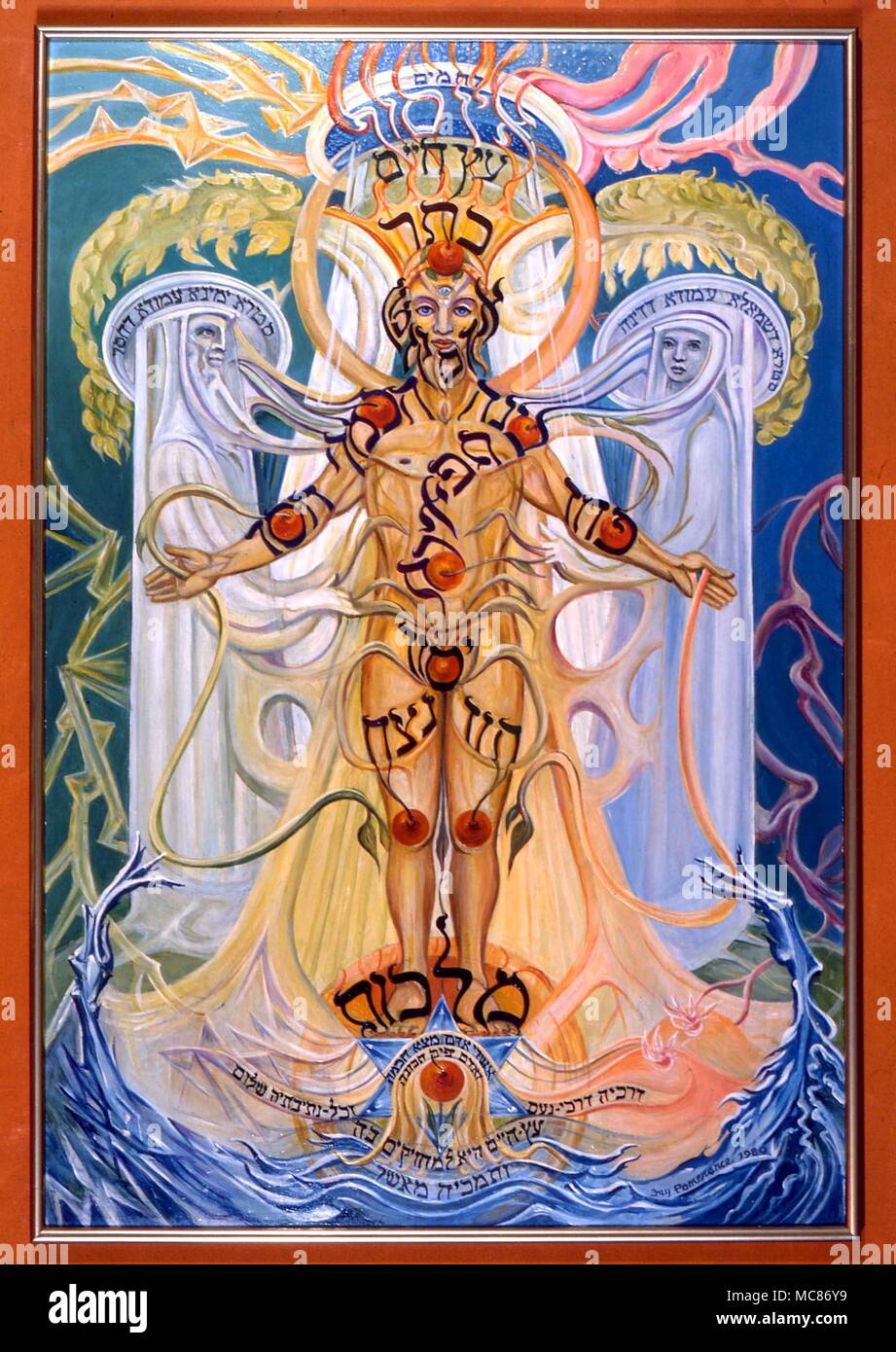 La Cabala Sephirothic Tree (con i nomi dei singoli sephirah dato in ebraico) imposto ad un immagine di uomo cosmico, tra le due colonne. Dipinto dall'artista ebrea, Fay Pomerance Foto Stock