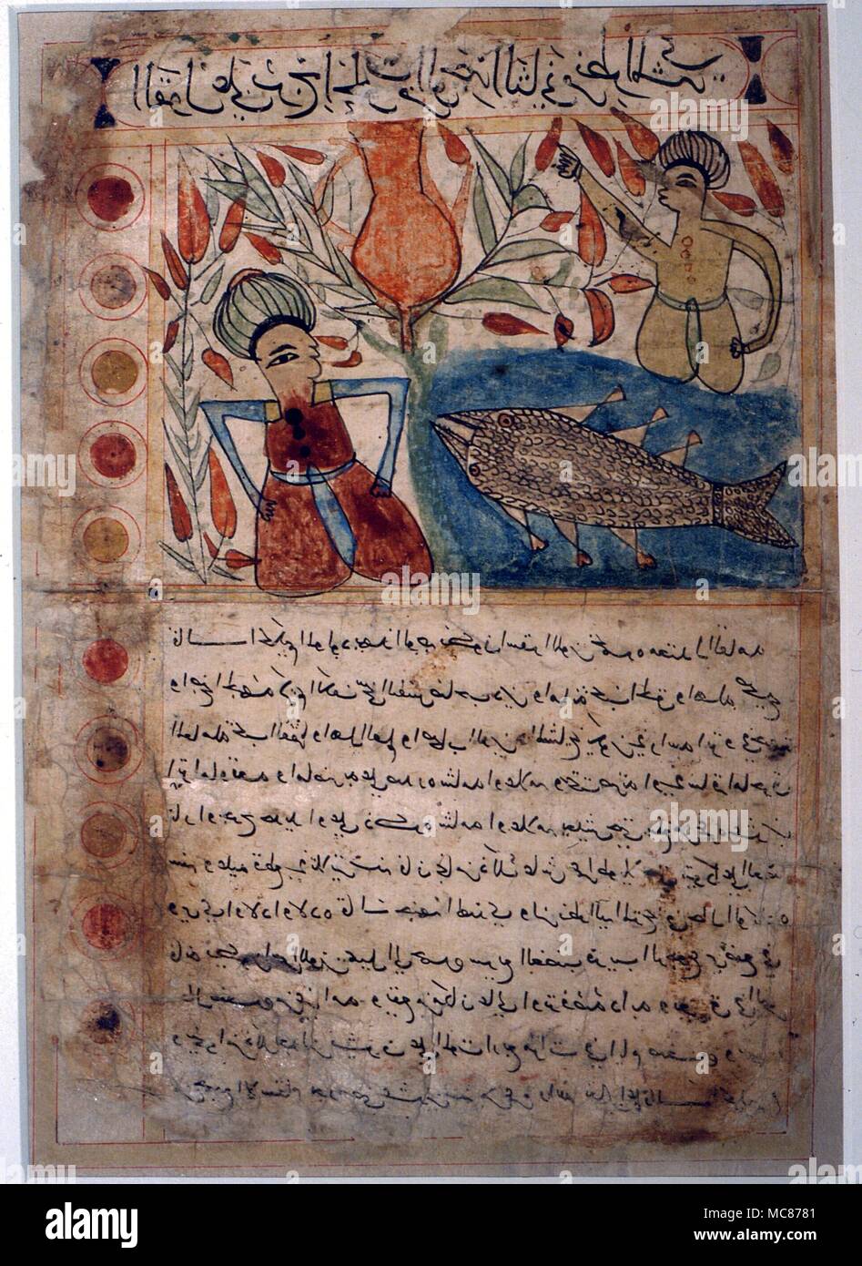 Astrologia - arabo immagine del segno zodiacale pesci (un singolo pesce) dal XVII secolo testo persiano di astrologia. Dar al Athar al Islammiyah, Kuwait Foto Stock