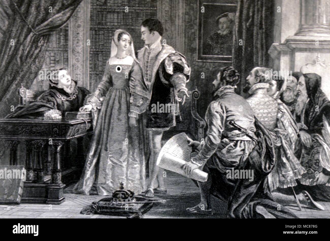Storia - BRITISH "l'offerta della corona di Lady Jane grigio' - Incisione di C.G. Lewis, dopo la pittura di C.R. Leslie. Dal 'Art Journal', 1877. Foto Stock
