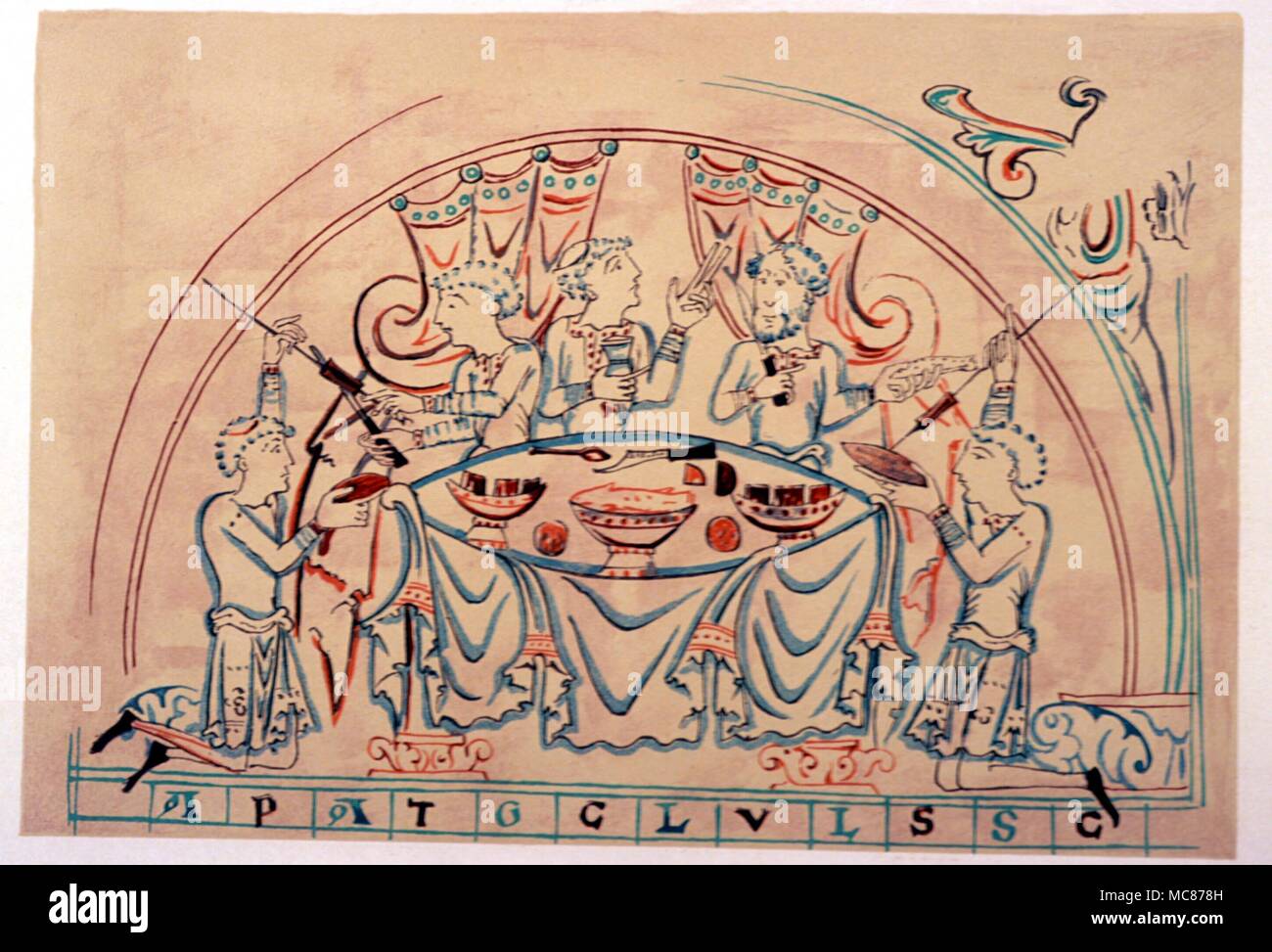 La storia - un undicesimo secolo banchetto disegno colorato, del XI secolo raffigurante un banchetto. Dalla British Library mss., Cott. Tib. C. VI. Xix secolo litografia. Foto Stock