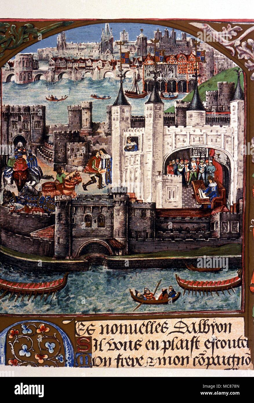 La storia - TORRE DI LONDRA Vista della Torre di Londra e London Bridge, al tempo di Enrico VII Xix secolo litograph dal Royal mss. 16, nella British Library. Foto Stock