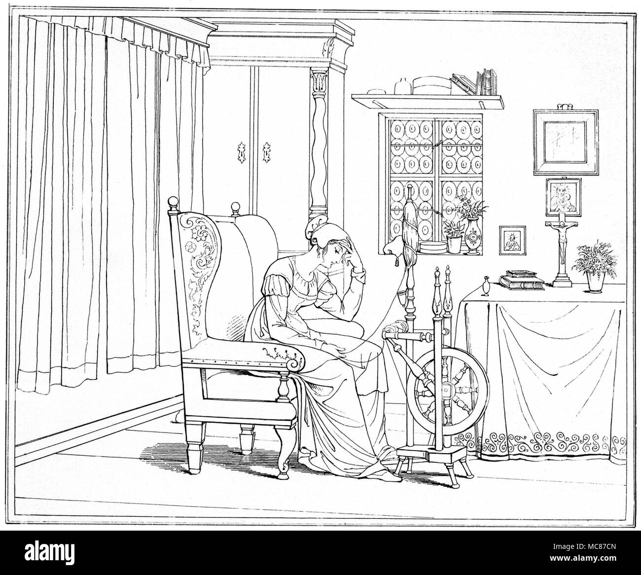 Demoni - FAUST - Margaret Margaret sconsolato alla sua ruota di filatura. In Retsch serie dei contorni Twenty-Six, illustrativi di Goethe la tragedia di Faust incisi da Henry Mosè, nel 1820, è l'incisione 16. [Incisione n. 18 in serie, Umrisse del Goethe Faust. Gezeichnet von Moritz Retsch, 1836.] Ci sono state due distinte prime edizioni del Retsch serie di disegni di Goethe, Faust. Il migliore è stato Umrisse del Goethe Faust. Gezeichnet von Moritz Retsch, edizione 1836, stampato in entrambe Stoccarda e Augusta. Vi sono state 29 piastre in questa edizione per la prima parte del p Foto Stock