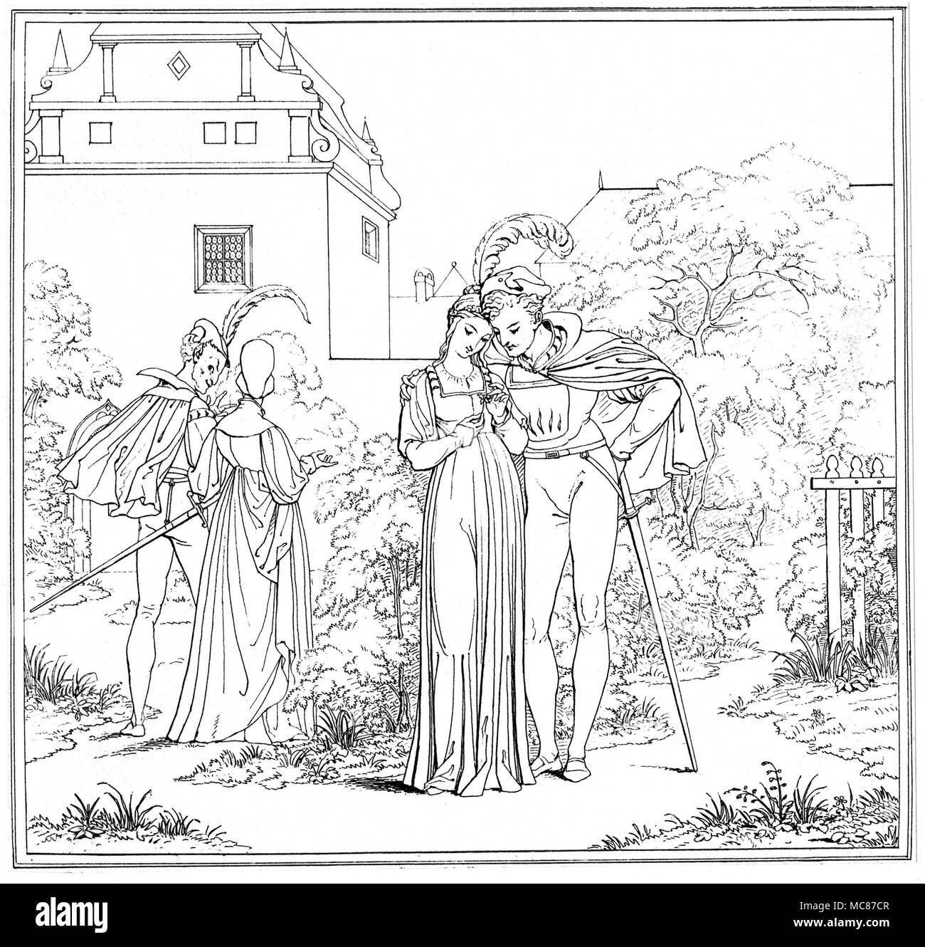 Demoni - FAUST - la divinazione - MEPHISTOPHELES la decisione del fiore. Margaret tira lo spegnimento dei petali di un fiore per determinare se o non la Faust la ama. Incisione n. 14 in Retsch serie dei contorni Twenty-Six, illustrativi di Goethe la tragedia di Faust incisi da Henry Mosè, nel 1820. [Incisione n. 16 in serie, Umrisse del Goethe Faust. Gezeichnet von Moritz Retsch, 1836.] Ci sono state due distinte prime edizioni del Retsch serie di disegni di Goethe, Faust. Il migliore è stato Umrisse del Goethe Faust. Gezeichnet von Moritz Retsch, edizione 1836, stampato in entrambe Stuttg Foto Stock