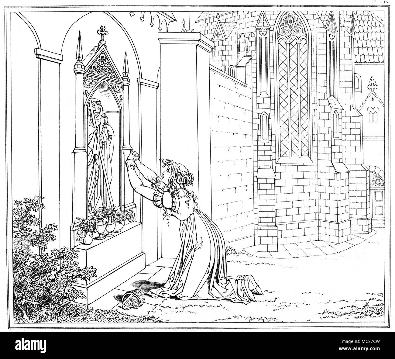 Demoni - FAUST - Margaret Margaret rendendo supplica alla Mater Dolorosa. In Retsch serie dei contorni Twenty-Six, illustrativi di Goethe la tragedia di Faust incisi da Henry Mosè, nel 1820, è l'incisione 17. [Incisione n. 20 in serie, Umrisse del Goethe Faust. Gezeichnet von Moritz Retsch, 1836.] Ci sono state due distinte prime edizioni del Retsch serie di disegni di Goethe, Faust. Il migliore è stato Umrisse del Goethe Faust. Gezeichnet von Moritz Retsch, edizione 1836, stampato in entrambe Stoccarda e Augusta. Vi sono state 29 piastre in questa edizione per la prima parte Foto Stock